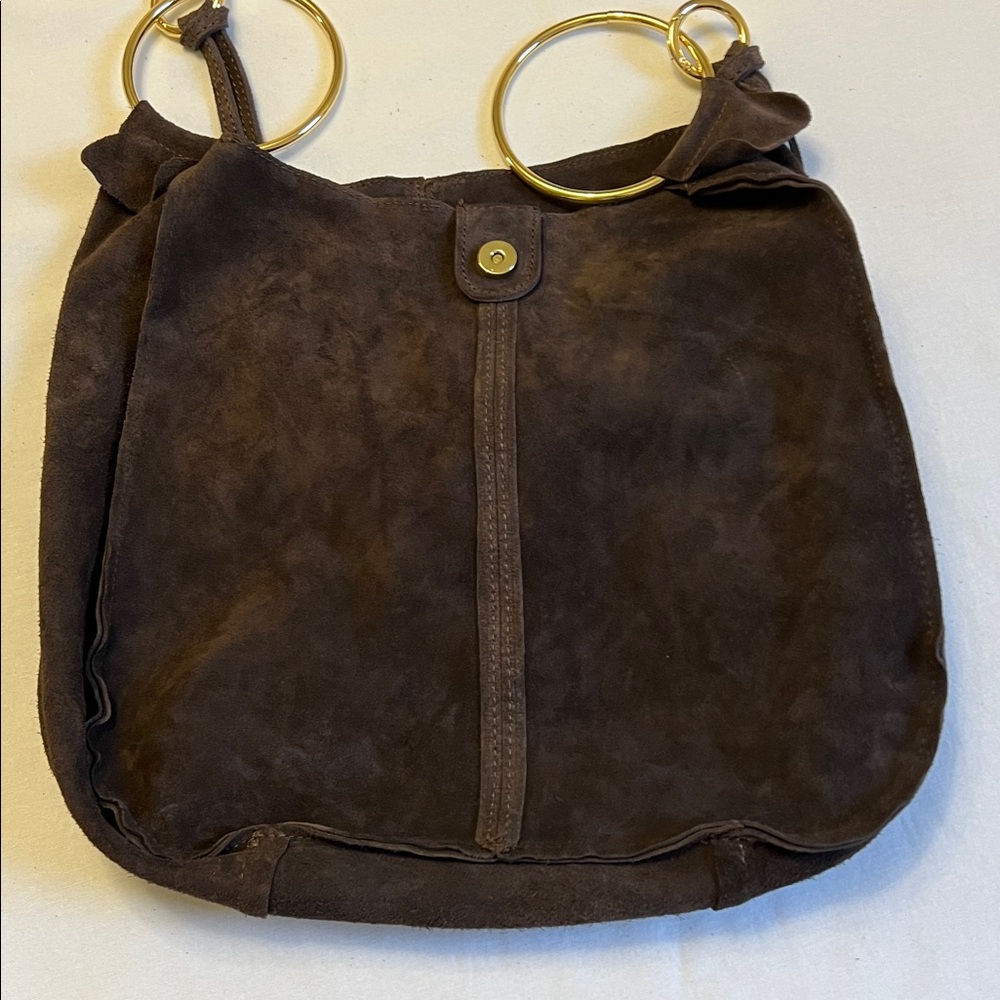 Claudia Firenze Suede Crossbody Slouchy Hobo Tote Bag Chocolate Brown Gold Ring - Picture 8 of 16